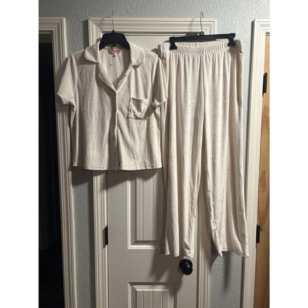 Juicy Couture Pajama Set Women Large Cream Velour Rhinestone 2pc Loungewear